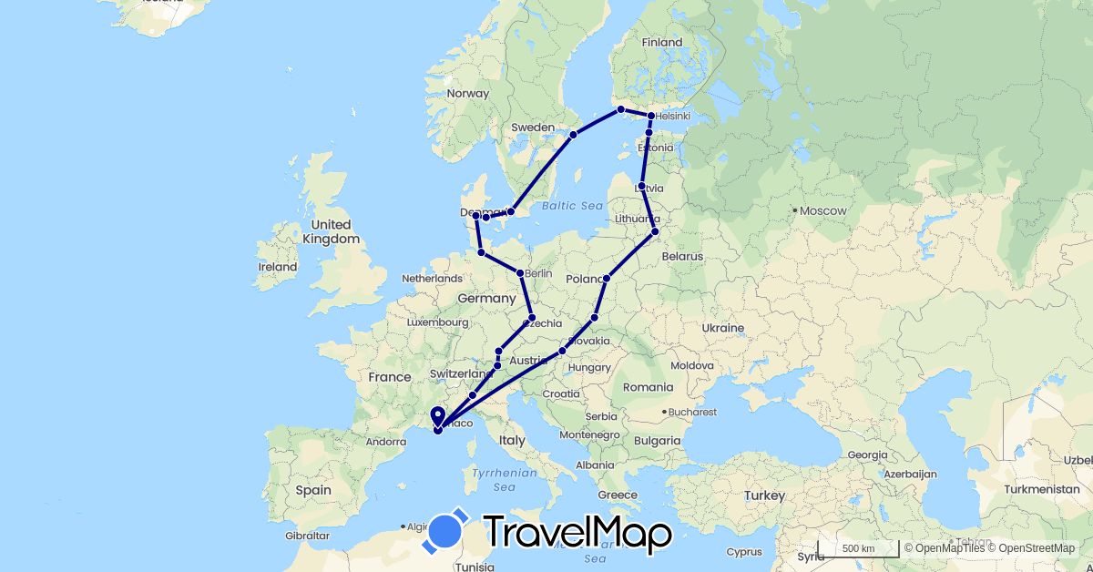 TravelMap itinerary: driving in Austria, Czech Republic, Germany, Denmark, Estonia, Finland, France, Italy, Lithuania, Latvia, Poland, Sweden, Slovakia (Europe)